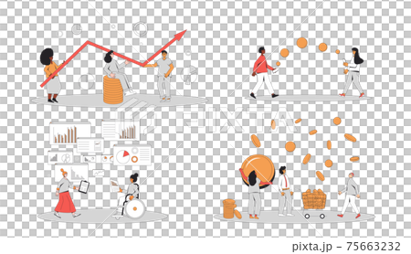 Financial and business analytics set. Different characters with money  and graphs isolated on white background. Budget, business advisor, investors, donation, online payment. People with income. 75663232
