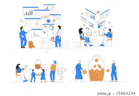 Financial and business analytics set. Different characters with money and graphs isolated on white background. Family budget, business advisor, investors, pension funds. People with income. Vector. Financial and business analytics set. Different characters with money and graphs isolated on white background. Family budget, business advisor, investors, pension funds. People with income. Vector. 75663234