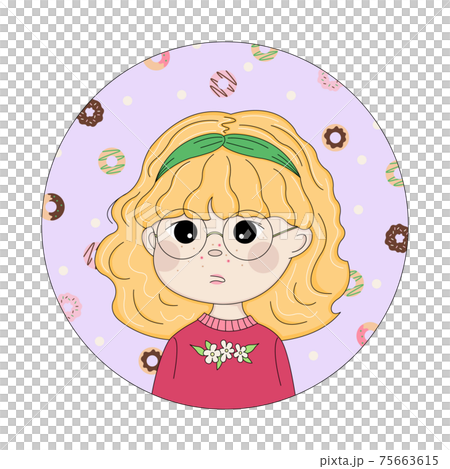 Cute Blonde Girl with Pimples on Face Portrait illustration. Cartoon anime girl with acne on purple background with donut pattern. Cute young woman with problem fat skin. Whitehead pustule treatment. 75663615