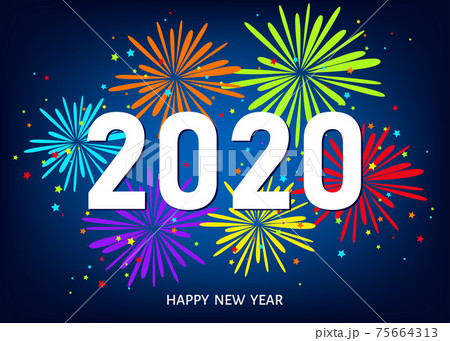 2020 happy New Year blue background with multicolored firework . 75664313