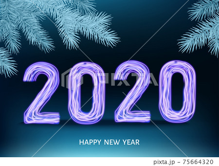 2020 happy New Year black background with golden neon number. 75664320