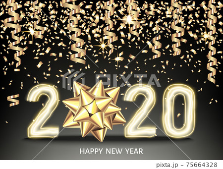 2020 happy New Year black background with golden neon number. 75664328