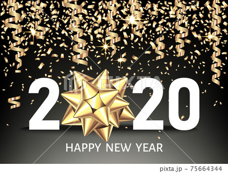 2020 happy New Year black background with golden confetti, bow. 75664344