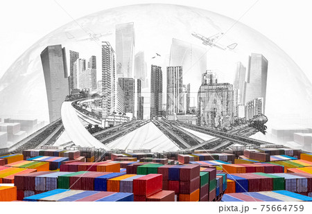 Industrial container cargo freight ship for import or export in port. Abstract design background, trucks and transport. Highway and delivering. Logistics concept 75664759