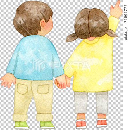 Children Holding Hands And Pointing Up Back View Stock Illustration