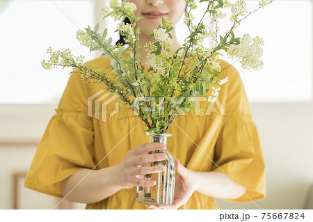 若い女性が持つコデマリの花瓶 75667824