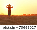 Elegant woman in long dress with straw hat standing on sand in desert, back view. Sunrise, backlight photo 75668027