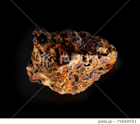 Swamp bog iron ore mineral from Belarus isolated on black. For geology mineralogy magazines websites article, Natural Science museum wall charts and posters etc 75669591