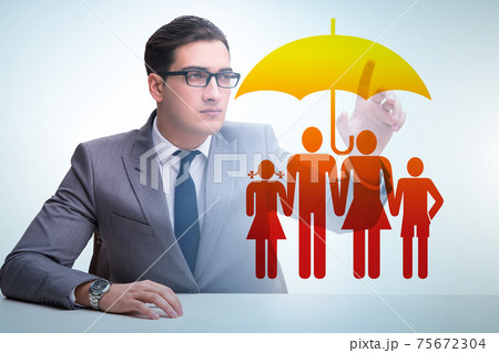 Life insurance concept with businessman pressing button Life insurance concept with businessman pressing button 75672304