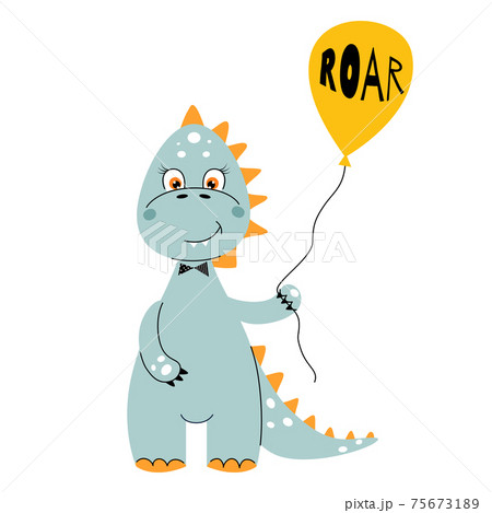 Cute dinosaur with balloon. Cartoon vector illustration. 75673189