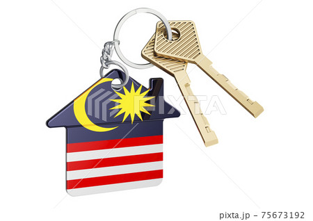 Real estate in Malaysia. Home keychain with Malaysian flag. Property, rent or mortgage concept. 3D rendering 75673192