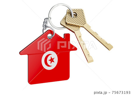 Real estate in Tunisia. Home keychain with Tunisian flag. Property, rent or mortgage concept. 3D rendering Real estate in Tunisia. Home keychain with Tunisian flag. Property, rent or mortgage concept. 3D rendering 75673193
