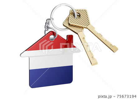 Real estate in the Netherlands. Home keychain with the Netherlands flag. Property, rent or mortgage concept. 3D rendering Real estate in the Netherlands. Home keychain with the Netherlands flag. Property, rent or mortgage concept. 3D rendering 75673194