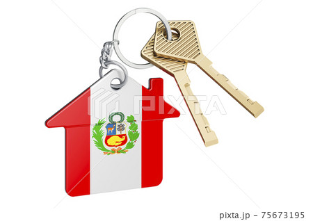 Real estate in Peru. Home keychain with Peruvian flag. Property, rent or mortgage concept. 3D rendering Real estate in Peru. Home keychain with Peruvian flag. Property, rent or mortgage concept. 3D rendering 75673195