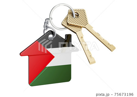Real estate in Palestine. Home keychain with Palestinian flag. Property, rent or mortgage concept. 3D rendering Real estate in Palestine. Home keychain with Palestinian flag. Property, rent or mortgage concept. 3D rendering 75673196