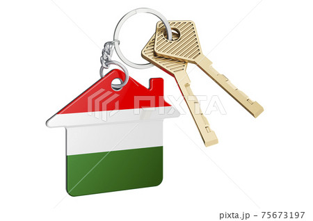 Real estate in Hungary. Home keychain with Hungarian flag. Property, rent or mortgage concept. 3D rendering 75673197