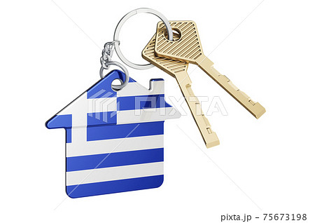 Real estate in Greece. Home keychain with Greek flag. Property, rent or mortgage concept. 3D rendering 75673198