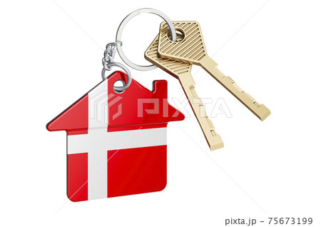 Real estate in Denmark. Home keychain with Danish flag. Property, rent or mortgage concept. 3D rendering Real estate in Denmark. Home keychain with Danish flag. Property, rent or mortgage concept. 3D rendering 75673199