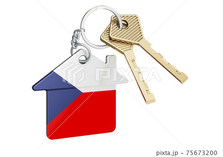 Real estate in Czech Republic. Home keychain with Czech flag. Property, rent or mortgage concept. 3D rendering 75673200