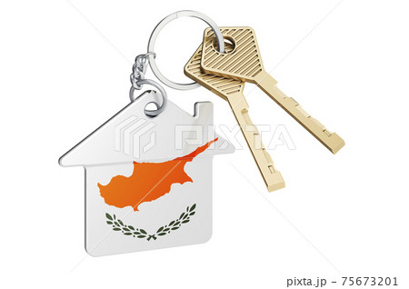 Real estate in Cyprus. Home keychain with Cypriot flag. Property, rent or mortgage concept. 3D rendering Real estate in Cyprus. Home keychain with Cypriot flag. Property, rent or mortgage concept. 3D rendering 75673201