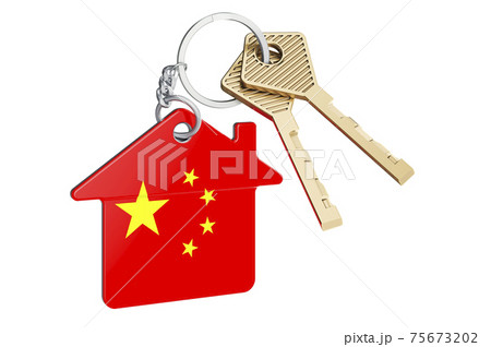 Real estate in China. Home keychain with Chinese flag. Property, rent or mortgage concept. 3D rendering 75673202