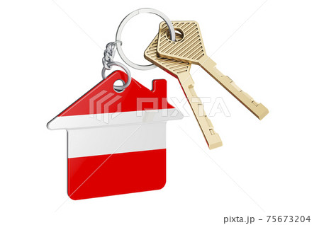 Real estate in Austria. Home keychain with Austrian flag. Property, rent or mortgage concept. 3D rendering 75673204