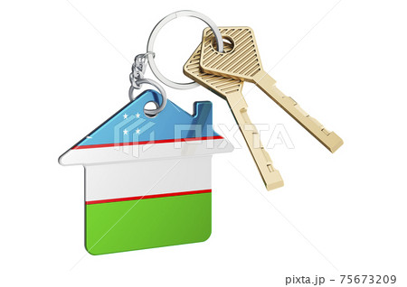Real estate in Uzbekistan. Home keychain with Uzbek flag. Property, rent or mortgage concept. 3D rendering Real estate in Uzbekistan. Home keychain with Uzbek flag. Property, rent or mortgage concept. 3D rendering 75673209