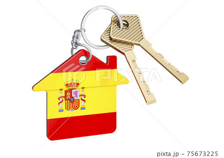 Real estate in Spain. Home keychain with Spanish flag. Property, rent or mortgage concept. 3D rendering 75673225