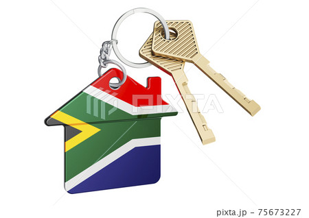 Real estate in South Africa. Home keychain with South African flag. Property, rent or mortgage concept. 3D rendering 75673227