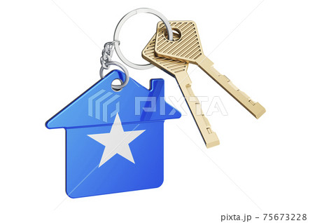 Real estate in Somalia. Home keychain with Somali flag. Property, rent or mortgage concept. 3D rendering 75673228