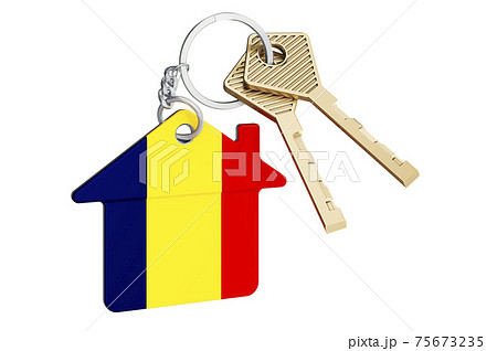 Real estate in Romania. Home keychain with Romanian flag. Property, rent or mortgage concept. 3D rendering 75673235