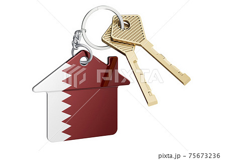 Real estate in Qatar. Home keychain with Qatari flag. Property, rent or mortgage concept. 3D rendering Real estate in Qatar. Home keychain with Qatari flag. Property, rent or mortgage concept. 3D rendering 75673236