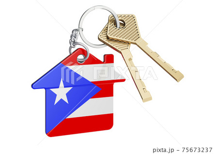 Real estate in Puerto Rico. Home keychain with Puerto Rican flag. Property, rent or mortgage concept. 3D rendering 75673237