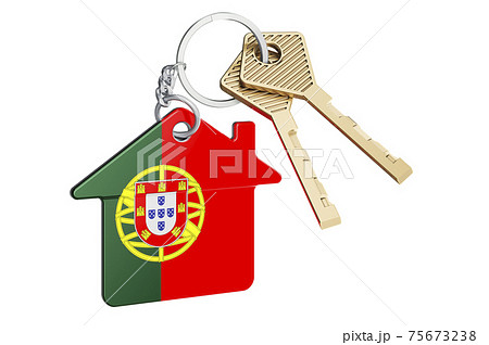 Real estate in Portugal. Home keychain with Portuguese flag. Property, rent or mortgage concept. 3D rendering Real estate in Portugal. Home keychain with Portuguese flag. Property, rent or mortgage concept. 3D rendering 75673238