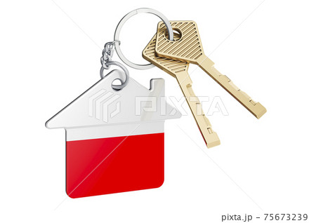 Real estate in Poland. Home keychain with Polish flag. Property, rent or mortgage concept. 3D rendering Real estate in Poland. Home keychain with Polish flag. Property, rent or mortgage concept. 3D rendering 75673239