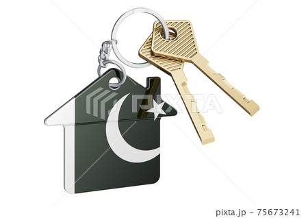 Real estate in Pakistan. Home keychain with Pakistani flag. Property, rent or mortgage concept. 3D rendering Real estate in Pakistan. Home keychain with Pakistani flag. Property, rent or mortgage concept. 3D rendering 75673241
