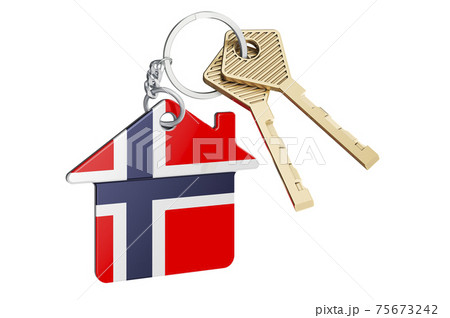 Real estate in Norway. Home keychain with Norwegian flag. Property, rent or mortgage concept. 3D rendering Real estate in Norway. Home keychain with Norwegian flag. Property, rent or mortgage concept. 3D rendering 75673242