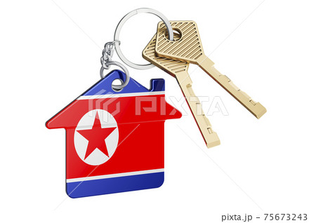 Real estate in North Korea. Home keychain with North Korean flag. Property, rent or mortgage concept. 3D rendering 75673243
