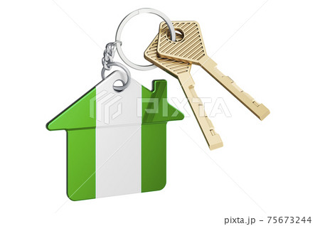 Real estate in Nigeria. Home keychain with Nigerian flag. Property, rent or mortgage concept. 3D rendering Real estate in Nigeria. Home keychain with Nigerian flag. Property, rent or mortgage concept. 3D rendering 75673244