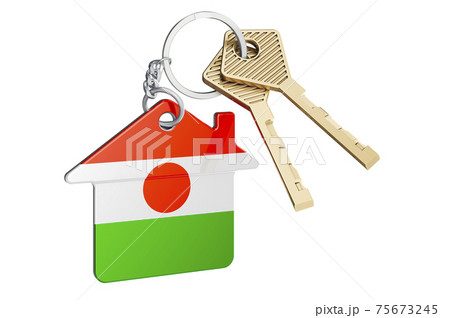 Real estate in Niger. Home keychain with Niger flag. Property, rent or mortgage concept. 3D rendering 75673245