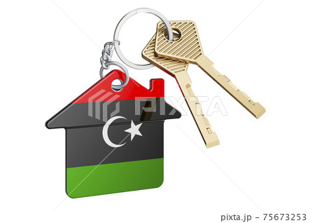 Real estate in Libya. Home keychain with Libyan flag. Property, rent or mortgage concept. 3D rendering 75673253