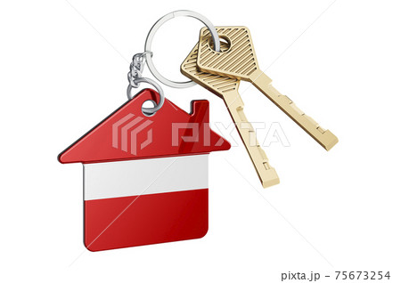 Real estate in Latvia. Home keychain with Latvian flag. Property, rent or mortgage concept. 3D rendering 75673254