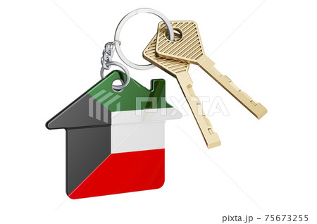 Real estate in Kuwait. Home keychain with Kuwaiti flag. Property, rent or mortgage concept. 3D rendering 75673255