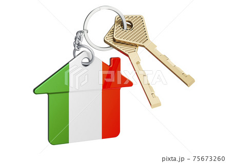 Real estate in Ireland. Home keychain with Irish flag. Property, rent or mortgage concept. 3D rendering Real estate in Ireland. Home keychain with Irish flag. Property, rent or mortgage concept. 3D rendering 75673260