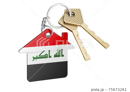 Real estate in Iraq. Home keychain with Iraqi flag. Property, rent or mortgage concept. 3D rendering 75673261