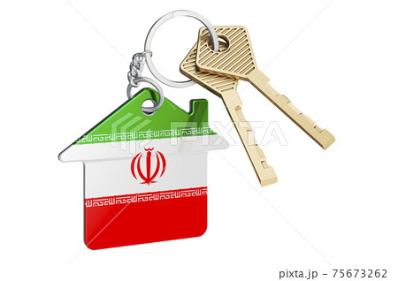 Real estate in Iran. Home keychain with Iranian flag. Property, rent or mortgage concept. 3D rendering Real estate in Iran. Home keychain with Iranian flag. Property, rent or mortgage concept. 3D rendering 75673262