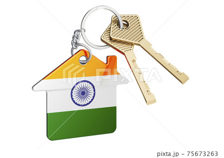 Real estate in India. Home keychain with Indian flag. Property, rent or mortgage concept. 3D rendering 75673263