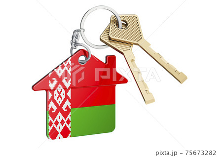 Real estate in Belarus. Home keychain with Belarusian flag. Property, rent or mortgage concept. 3D rendering Real estate in Belarus. Home keychain with Belarusian flag. Property, rent or mortgage concept. 3D rendering 75673282