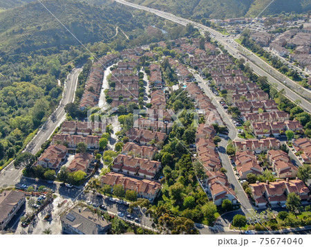 Aerial view of upper middle class neighborhood with big villas around in San Diego Aerial view of upper middle class neighborhood with big villas around in San Diego 75674040