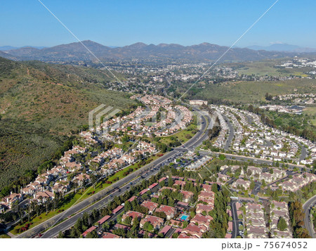 Aerial view of upper middle class neighborhood with big villas around in San Diego 75674052